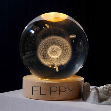 Lampa LED Decorativa,  cu Bila de Cristal cu Diametru 6cm, Model Papadie 3D, Alimentare USB, Suport din Lemn, Lumina Alb Cald