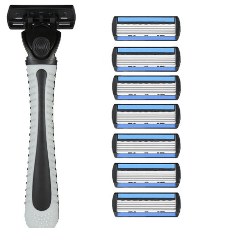 Aparat de Ras Manual,  din Otel Inoxidabil, Suport Lama + 7 Capete de Schimb Incluse, Cutie pentru Lame, Negru
