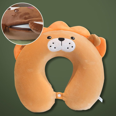 Perna de Calatorie in Forma de U,  Pentru Gat si Cap, Umplutura din Spuma cu Memorie, 30x30 cm, Model Leu, Accesoriu de Voiaj, Birou, Masina, Sistem Prindere Capse, Maro