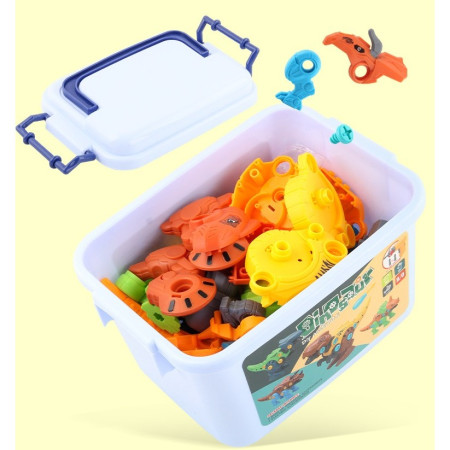 Set de Constructie/Asamblare, Cyrax, 4 Dinozauri, cu Bormasina Electrica, Baterii 2 x AA, Surubelnita si Cutie Depozitare, 22.5 x 14.5 x 15 cm, Multicolor