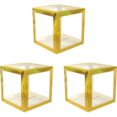 Set 4 Cutii pentru Baloane, Cyrax, Model Simplu, Tematica Aniversare, Cuburi Decorative din Plastic, Accesorii pentru Petrecere, 30 x30 cm, Transparente Contur Auriu