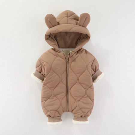 Combinezon de Iarna, Cyrax, pentru Bebelusi, din Bumbac, cu Urechi, Mansete Elastice, Unisex, 73 cm, Maro