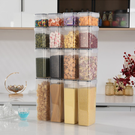 Cutii de depozitare alimente, Cyrax, Set din 16 Cutii pentru Condimente, Cereale, Cutii pentru Bucatarie, din Plastic PP, Cutii Alimentare, Diferite Dimensiuni, Transparente