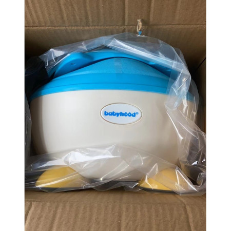 Olita pentru Copii, Cyrax, +6 luni, Compartiment Detasabil, cu Capac, Antiderapanta, din Plastic, Colac Moale, Model Animat Vulpe, cu Maner, 34.5 x 35 x 23 cm, Albastru/Alb