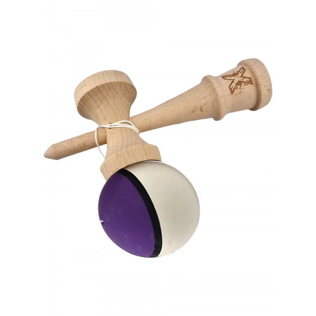 Kendama X Originala, Profesionala, Cyrax, din Lemn, 18 cm, Multicolor Mov/Negru/Alb
