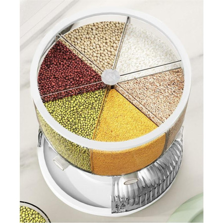 Dozator etajat de cereale Cyrax, rotativ 360, 6 compartimente, capacitate 10L, cofrag special pentru oua, vas pentru scurgerea cerealelor, 35x27.5 cm, alb