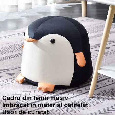 Taburet Pentru Copii, Cyrax, Cadru din Lemn Masiv, 25 x 29 x 29 cm, Perna de Burete Elastica si Maner de Transport, in Forma de Pinguin, Negru