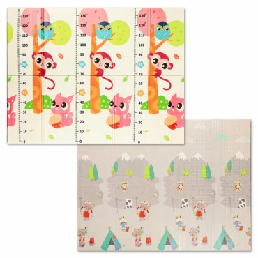 Covoras pentru Copii, Cyrax, cu 2 Fete, Model Maimute/Indieni, din XPE+PE, Impermeabil, Antiderapant, Protectie Termica, +3 Luni, Pliabil, 150 x 200 x 1 cm, Multicolor