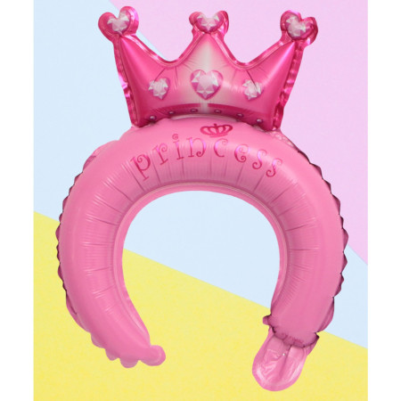Balon din Folie Metalizata, Cyrax, Tip Coronita cu Urechi, Model Coronita de Printesa, Ambalaj Individual, Pai Inclus, Umflare cu Aer sau Heliu, 30 x 27 cm, Roz