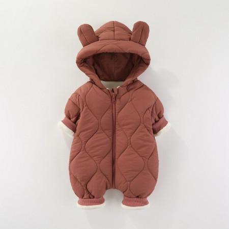 Combinezon de Iarna, Cyrax, pentru Bebelusi, din Bumbac, cu Urechi, Mansete Elastice, Unisex, 73 cm, Visiniu