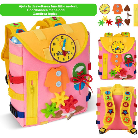 Ghiozdan Montessori, Cyrax, pentru Copii 2-6 ani, Fidget Pop, cu Catarame si Fermoare, Jucarii Senzoriale, Activitate de Invatare prin Joc, Roz, 0.25 kg, 28x10x23 cm