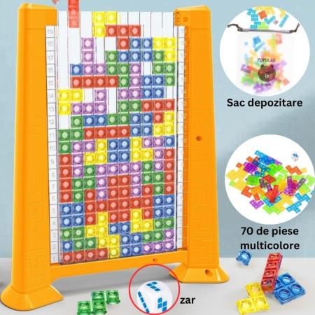 Joc de inteligenta Tetris puzzle tangram Cyrax, 70 de piese multicolore, 3D, montessori, interactiv, din plastic, zar inclus, sac depozitare piese, varsta peste 6 ani, 23 x 19.8 x 5 cm, cadru galben