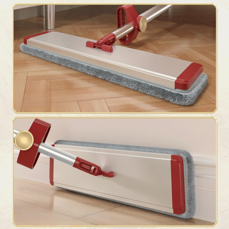 Mop Plat cu Laveta din Microfibra,  Pentru Uz Casnic, cu 2 Lavete Incluse, Sistem de Stoarcere, Tija Telescopica 130 cm, Rotire 360°, 42 x 130 cm, Rosu