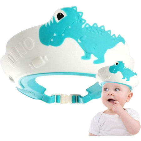 Cyrax Viziera de Protectie Baie Pentru Copii, Fippy, Model Dinozaur, Dimensiune ajustabila, Durabil, Usor de curatat, Impotriva Samponului, pentru Ochi si Urechi, TPE+PP, 22x21 cm, Albastru