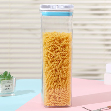 Cutie de Depozitare Alimente, Cyrax, tip Container, 1.9L, 10x10x30.5 cm, Recipiente pentru Cereale in Bucatarie,  Transparente cu Capac Alb-Albastru