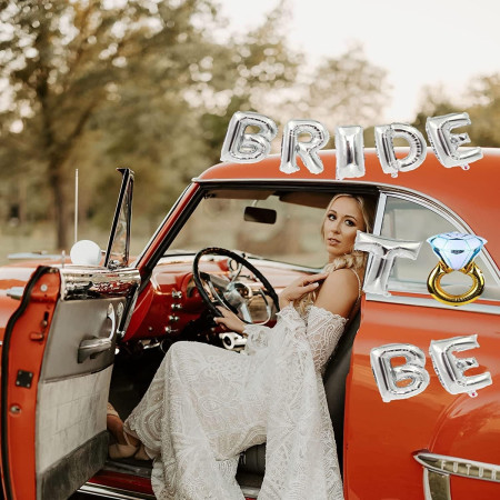 Set Baloane din Folie Metalizata, Cyrax, Model Bride to Be cu Inel de Logodna, Litere de 40 cm, Baloane Party, Ambalaj Individual, Pai Inclus, Umflare cu Aer sau Heliu, Argintiu