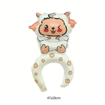 Balon din Folie Metalizata, Cyrax, Tip Coronita, Model Oaie, Ambalaj Individual, Pai Inclus, Umflare cu Aer sau Heliu, 47 x 28 cm, Alb