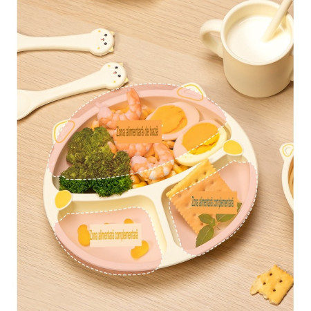 Set 4 Piese Hranire Bebelusi si Copii, Cyrax, din Silicon, fara BPA, de la 12 Luni, Model Pisicuta, 28 x 26 x 2 cm, Bej