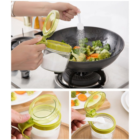 Recipient Condimente, Cyrax, din Stilca, 180 ml, cu Maner si Lingurita, 8 x 9 cm, Capac Transparent, Verde