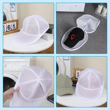 Husa de Spalare Sapca,  pentru Masina de Spalat, din Poliester, Circumferinta 53 cm, cu Fermoar, cu Suport Sapca, Alb