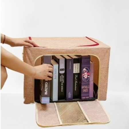 Cutie de Depozitare Pliabila,  66 L, din Bumbac si In, 33x40x50 cm, 2 Ferestre, Frontala si Laterala, 2 Usi de Acces cu Fermoar Bidirectional, Cadru Metalic, Suport Baza Stabil din Plastic, Roz Pudrat