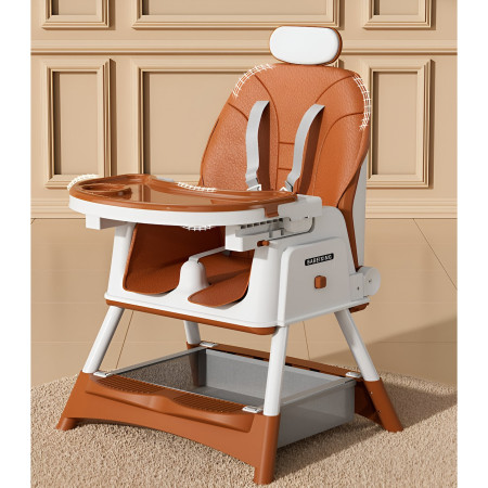 Scaun de Masa pentru Bebelusi si Copii Cyrax, cu Roti, cu Tetiera, Telescopic, Pliabil, Masuta Reglabila, Suport Picioare, Scaun cu Invelis Piele Artificiala, Centura Siguranta, Spatiu Depozitare, 97 x 73 x 65 cm, Maro