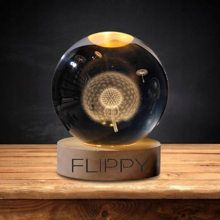 Lampa LED Decorativa,  cu Bila de Cristal cu Diametru 6cm, Model Papadie 3D, Alimentare USB, Suport din Lemn, Lumina Alb Cald