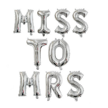 Set Baloane din Folie Metalizata, Cyrax, Model Scris Miss to Mrs, Litere de 40 cm, Tema Iubire, Baloane Party, Ambalaj Individual, Pai Inclus, Umflare cu Aer sau Heliu, Argintiu
