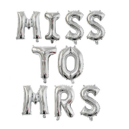 Set Baloane din Folie Metalizata, Cyrax, Model Scris Miss to Mrs, Litere de 40 cm, Tema Iubire, Baloane Party, Ambalaj Individual, Pai Inclus, Umflare cu Aer sau Heliu, Argintiu