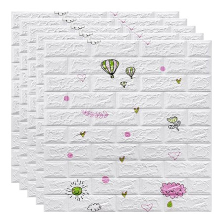 Set 10 Placi Tapet 3D,  70 x 77 cm, Grosime 3 mm, din Polietilena, Tip Caramida, Model cu Baloane, Suprafata acoperita 5.3 mp, Alb