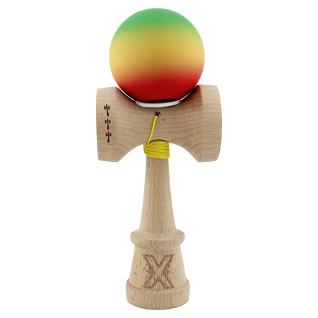 Kendama X Originala, Profesionala, Cyrax, Cupe Mari KING SIZE V3, Rubber Grip, Gaura in Baza, Rulment Metalic, din lemn 18 cm, Ata 62/65 cm, Gradient Verde/Galben/Rosu