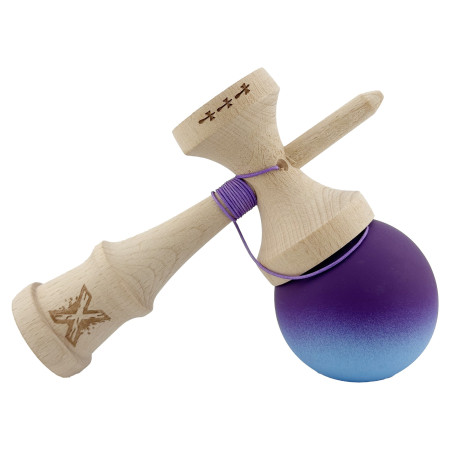 Kendama X Originala, Profesionala, Cyrax, Big Cups V2, Rubber Grip cu Cupe Mari, Rulment Metalic cu Ata 55 cm, Violet/Albastru