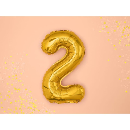 Balon din Folie Metalizata Cyrax, Figurina Cifra, Tema Aniversare 100 cm, Ambalaj Individual, Pai inclus, Umflare cu Aer sau Heliu, Auriu, Cifra 2