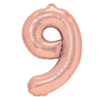 Balon din Folie Metalizata Cyrax, Figurina Cifra, Tema Aniversare 100 cm, Ambalaj Individual, Pai inclus, Umflare cu Aer sau Heliu, Coral, Rose Gold, Cifra 9