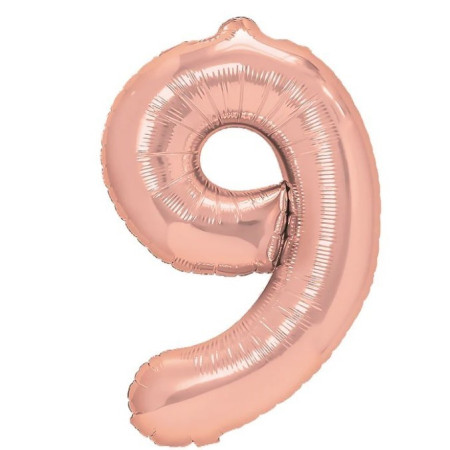 Balon din Folie Metalizata Cyrax, Figurina Cifra, Tema Aniversare 100 cm, Ambalaj Individual, Pai inclus, Umflare cu Aer sau Heliu, Coral, Rose Gold, Cifra 9