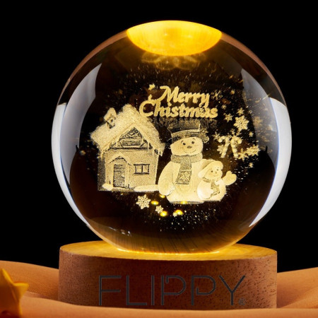 Lampa LED Decorativa,  cu Bila de Cristal cu Diametru 6cm, Model Merry Christmas 3D, Alimentare USB, Suport din Lemn, Lumina Alb Cald