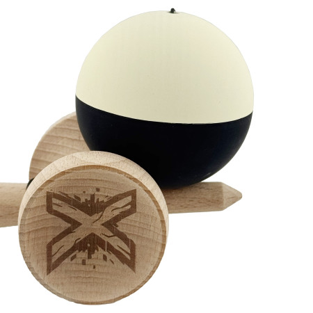 Kendama X Originala, Profesionala, Cyrax, Rubber Grip, Cupe Mari KING SIZE V3, Gaura in Baza, Rulment Metalic, din lemn 18 cm, Ata 62/65 cm, Bicolor Galben/Negru