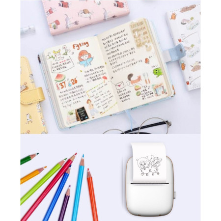 Set Mini Imprimanta Foto Portabila, Cyrax, Include: 1x Set de Markere, 5x Role de Hartie Termica, 5x Role Hartie Adeziva, Incarcare USB, Bluetooth, Print Alb-Negru, Model Ursulet, Alb/Albastru