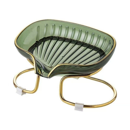 Savoniera cu Suport,  Sistem de Scurgere a Apei, Margine Aurie, 14 x 8.5 x 9 cm, din TPE, Verde