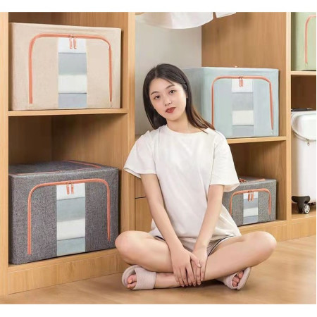 Cutie de Depozitare Pliabila,  24 L, din Bumbac si In, 40x30x20 cm, 2 Ferestre, Frontala si Laterala, 2 Usi de Acces cu Fermoar Bidirectional, Cadru Metalic, Suport Baza Stabil din Plastic, Bej