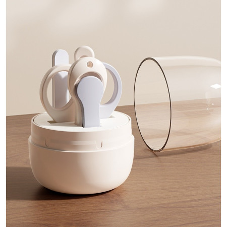 Set 4in1 de Ingrijire Unghii pentru Bebelusi, Cyrax, Cutie de Depozitare Tip Borcan, 0-6 Ani, 10 x 7 x 6 cm, Alb/Gri