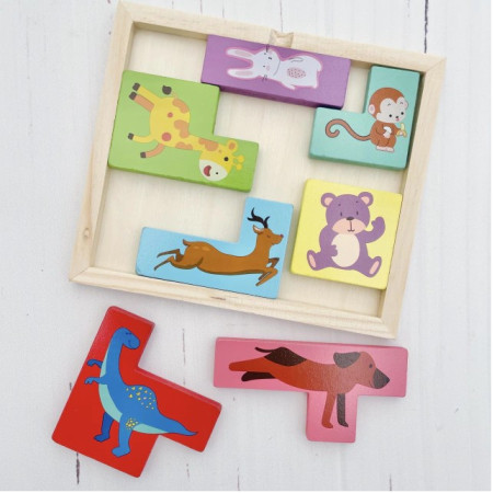 Puzzle din Lemn Cyrax, Tip Tetris, +4 Ani, cu Animale Colorate 3D, 7 Piese, Multicolor