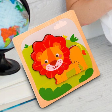 Puzzle Montessori din Lemn pentru Copii, Cyrax, 3D, 0-3 Ani, Model Leu, Educativ, Intuitiv, Creativ, 3 Piese, 15x15x0.5 cm, Multicolor