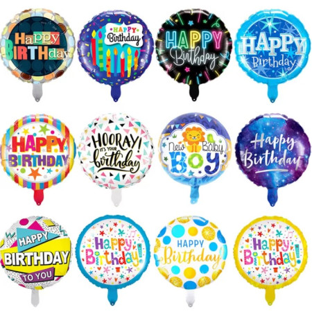 Balon din Folie Metalizata, Cyrax, Mini Figurina Rotunda, Model Cer Instelat, Happy Birthday, Tematica Aniversare, 45 cm, Ambalaj Individual, Pai Inclus, Umflare cu Aer sau Heliu, Multicolor