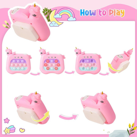 Jucarie Interactiva Pop It Whack A Mole, Cyrax, Tip Consola, Anti-Stres, 4 Moduri de Joc, din ABS si Silicon, +3 Ani, Model Unicorn, Roz