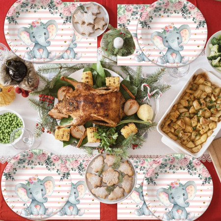 Set 10 Farfurii Unica Folosinta, Cyrax, Imprimeu Elefant, din Carton, 17 cm, Roz