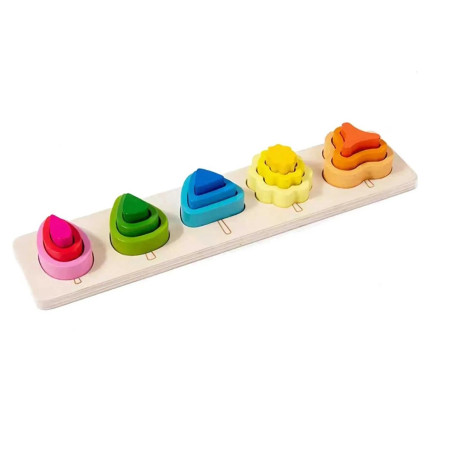 Jucarie Montessori din Lemn, Cyrax, Tip Puzzle, cu 5 Forme Asimetrice, 15 Piese, Educativa, Interactiva, Creativa, Model Copaci, Materiale Non Toxice, +2 Ani, 29x6.5 cm, Multicolor
