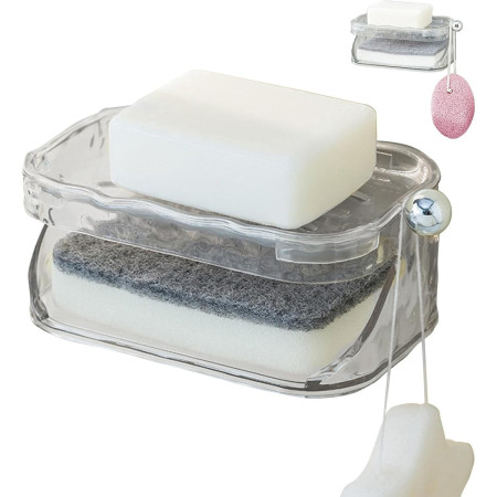 Savoniera Dubla,  2 Straturi, Instalare fara Perforare, Agatatoare Burete, 13.5 x 8.5 x 6 cm, Transparent