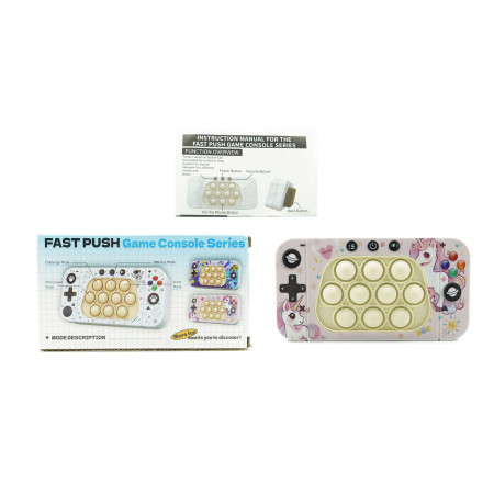 Jucarie interactiva tip consola pentru copii Cyrax, speed push whack-a-mole, joc de viteza pop it, material ABS/silicon, cu nivele, sunete si lumini, 15.5 x 7.6 x 5.3 cm, model unicorn, roz