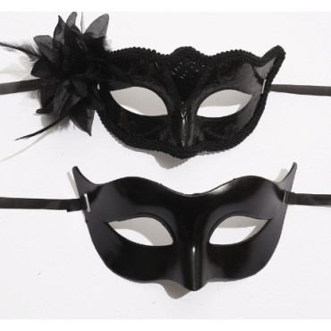 Set 2 Masti de Cuplu, Cyrax, pentru Carnaval, Bal Mascat, Marime Universala, Model Floare Laterala si Margele, Model Clasic Fluture, Negru